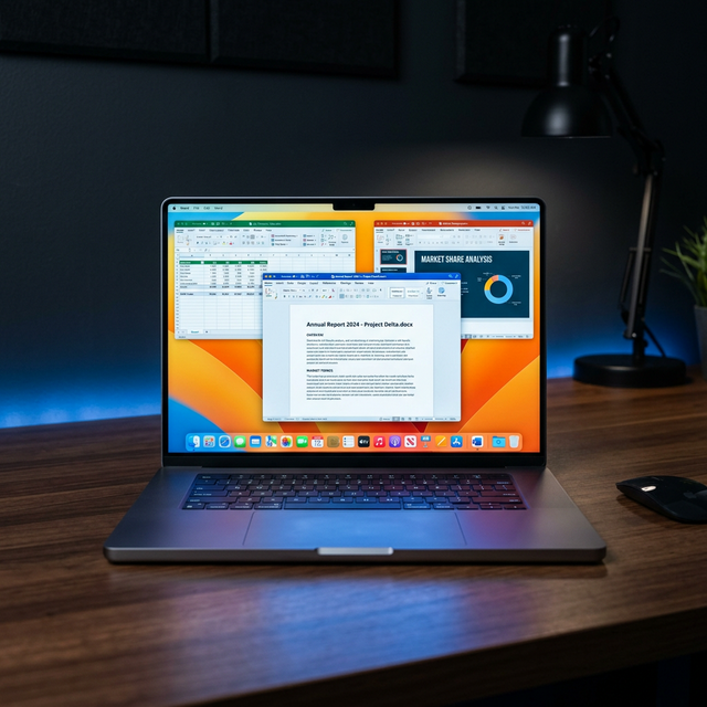 MacBook Pro dengan Microsoft Word, Excel dan PowerPoint