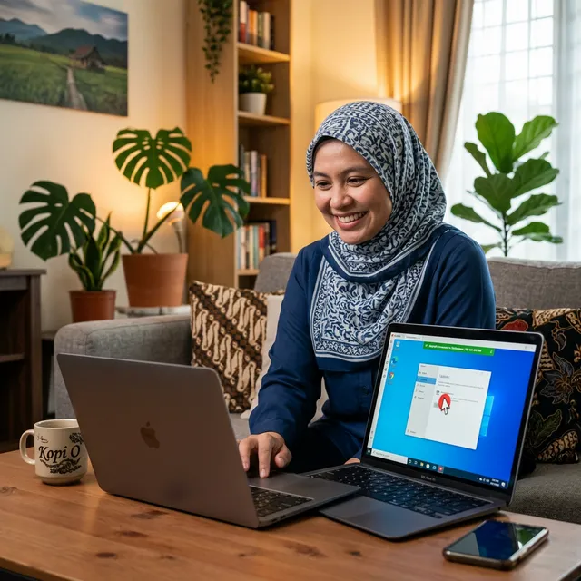Pelanggan monitor proses remote install di MacBook